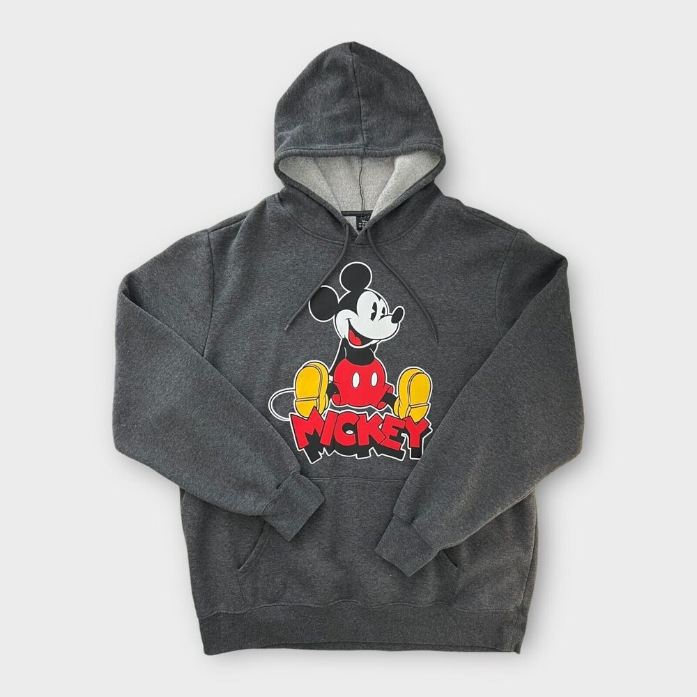 Disney Mickey Mouse Graphic Hoodie Sweatshirt Charcoal Gray Pocket Men's XL